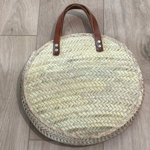 Round Straw Tote with Brown Leather Handles